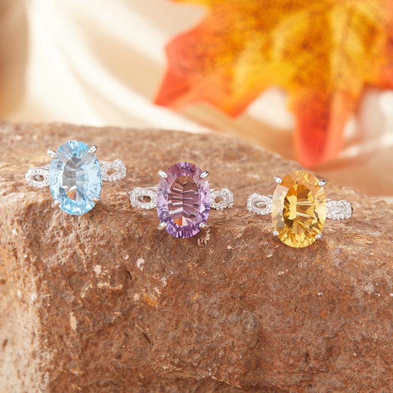 Large Natural Topaz Citrine Amethyst Ring Women'S S925 Sterling Silver Colored Jewelry.