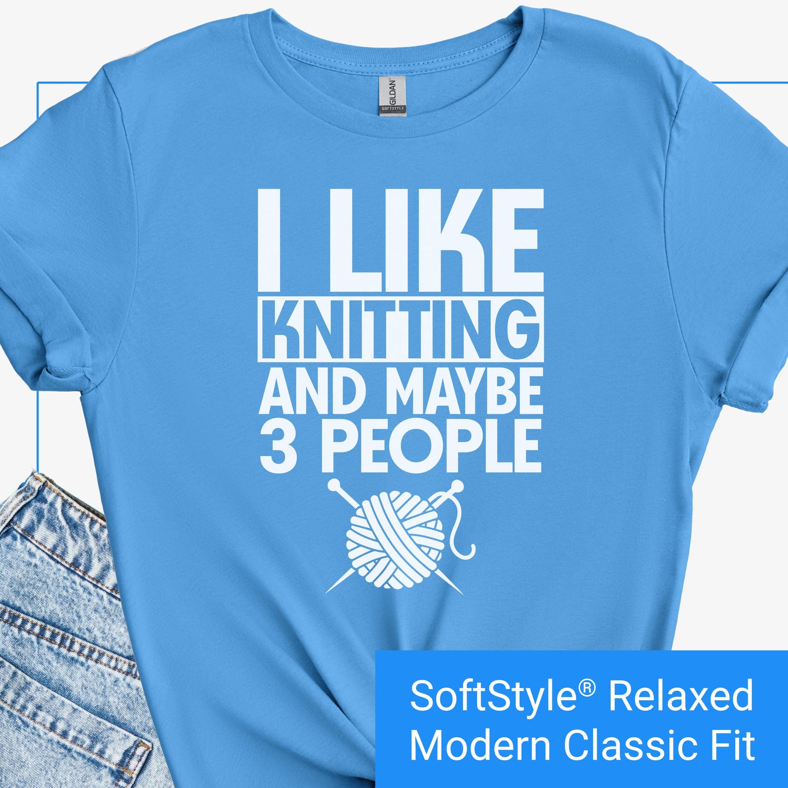 Funny Knitting T-Shirt, Cute Knitting Shirt, Knitting Gift for Mom Grandmother or Knitting Lover, I Love Knitting and Maybe 3 People Tshirt M