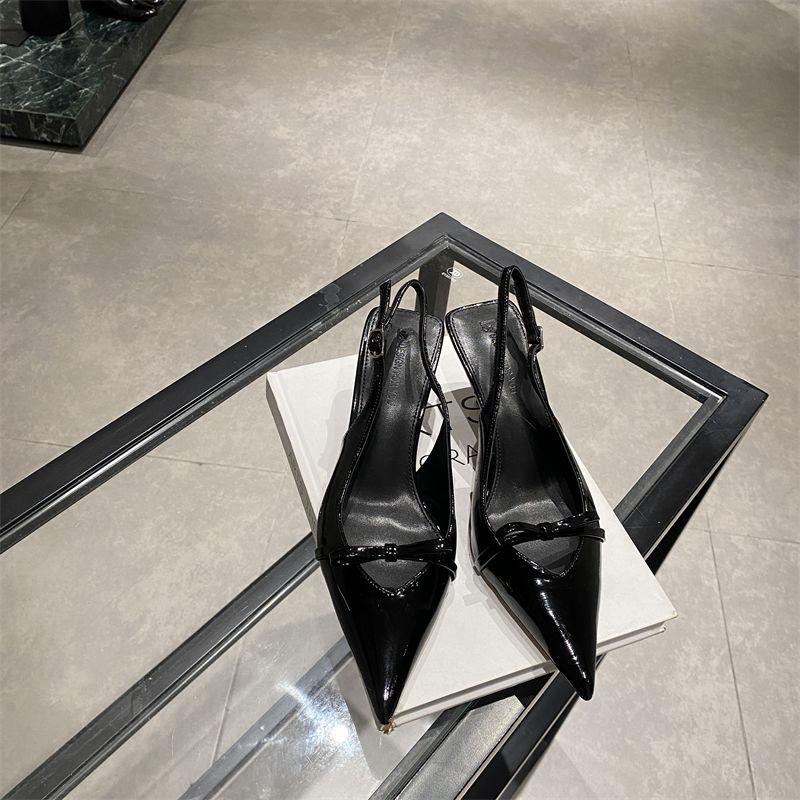 Pointed High Heels Niche Temperament Single Shoes Women's 2025 New Patent Leather Bow Sweet Thin Middle Heel Bag Head Sandals