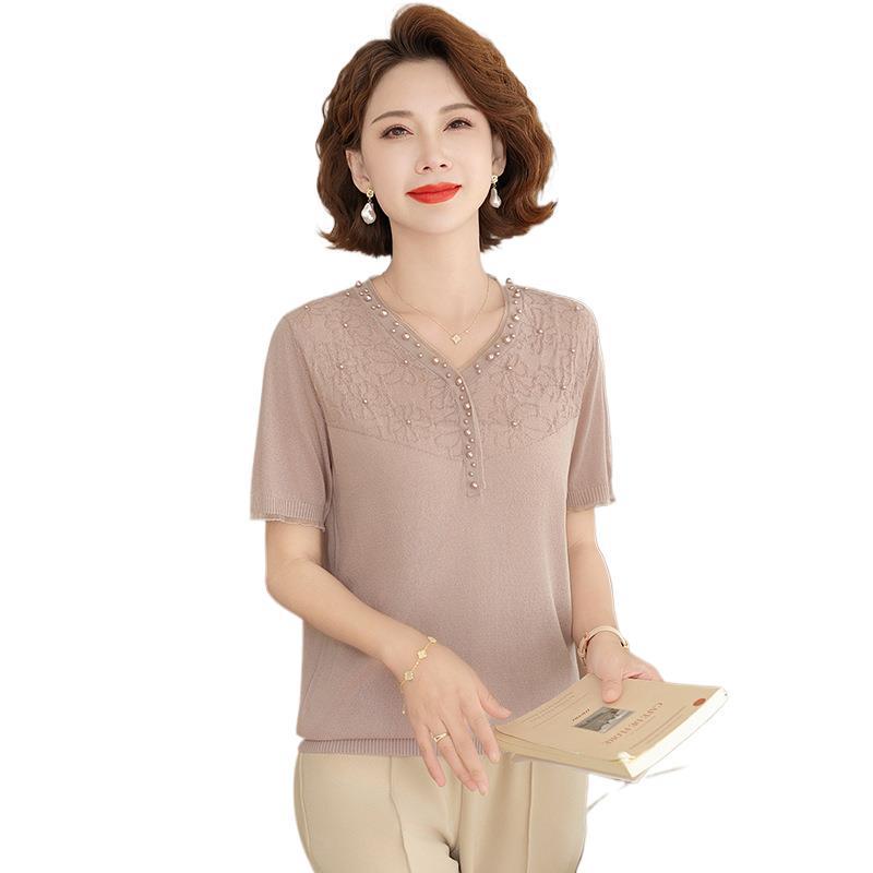 Women's Summer Ice Silk Short-Sleeve Age-Defying Top, Lightweight Knit T-Shirt for Middle-Aged and Elderly.