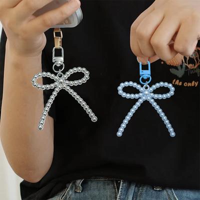 1PC Korean-Style Minimalist Phone Case Versatile Faux Pearl Dainty Keychain Trendy Bow Chic Charm Elegant 10x6cm