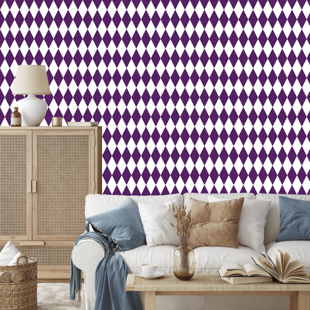 Harlequin Diamonds Wallpaper Light Gray, White, Plum, and Purple 50x1000