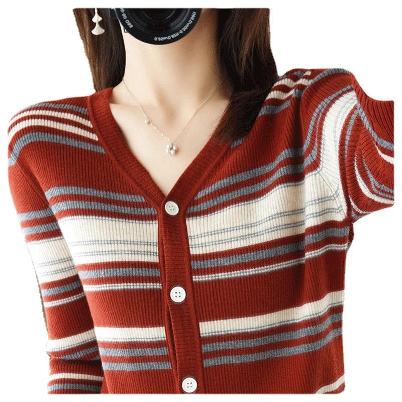 Women S Striped Knit V Neck Cardigan Long Sleeve Casual Outerwear