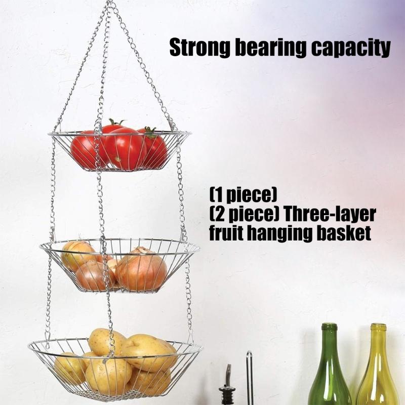 3 Layer Hanging Wire Basket Organizers for Fruits Vegetables Storage In Kitchen Bathroom Garden Feature Adjustable Chains Durable Metal Rusts Proof