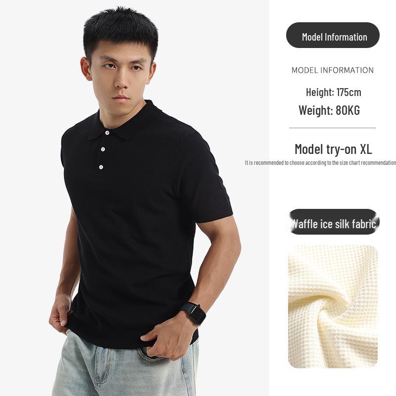 Men s Short Sleeve Business Casual Waffle Knit Polo Shirt XL чёрный
