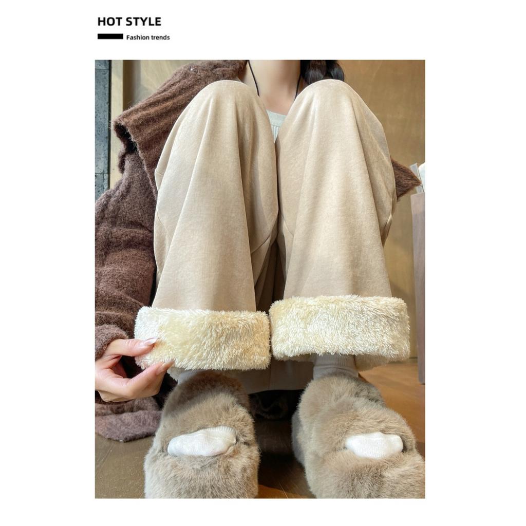 Women's Autumn and Winter Thick Lamb Wool Pants with Loose Drape and Wide Leg Pants Made of Wool