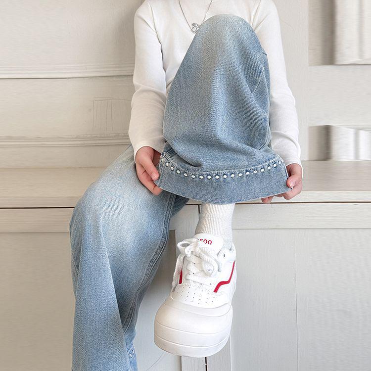 

Стильные джинсы клеш для девочек на весну 2025 года - корейская мода, прямой крой для детей 170