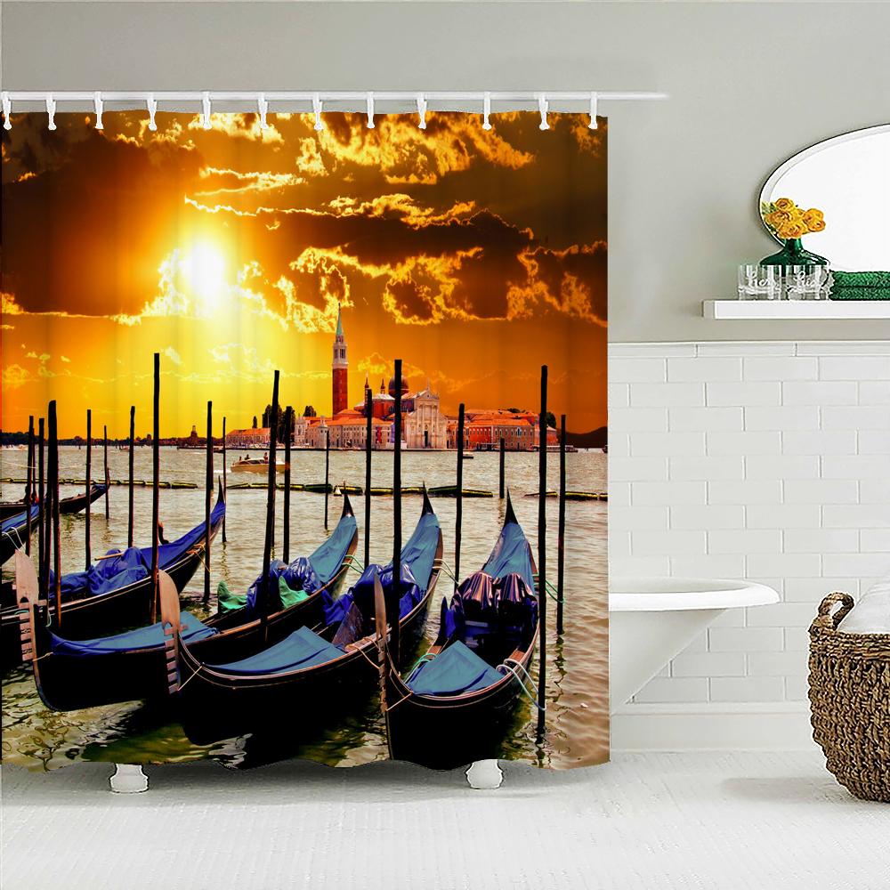 Sunset Dusk Beach Palm Tree Seaside Scenery Fabric Shower Curtain Waterproof Bath Curtains For Bathroom Decorate With 12 Hooks