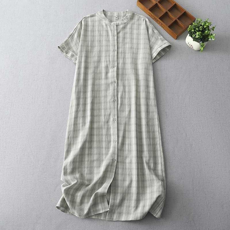 Summer New Retro Shirt Skirt Medium and Long Loose Small Stand-up Collar Temperament Plaid Dress