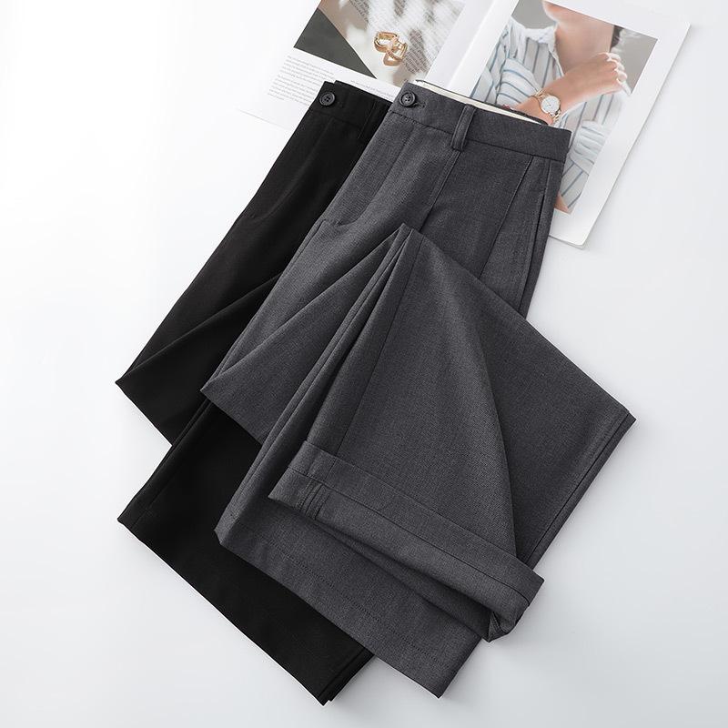 Women's Grey Wide-Leg Suit Pants for Spring 2025 - Casual, Draped, Loose-Fit, Slimming, Straight-Leg Style for Spring and Autumn.