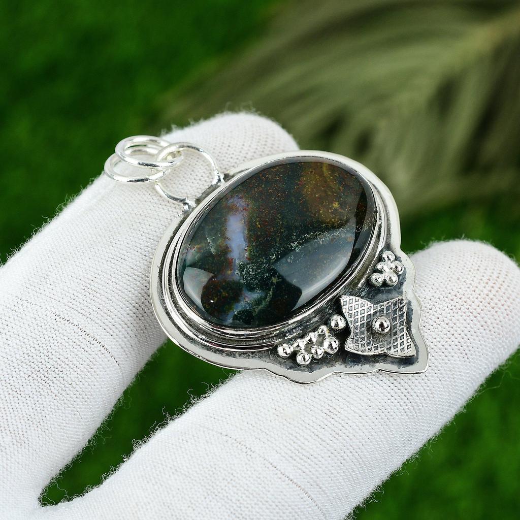 Sterling Silver Bloodstone Gemstone Handcrafted Mother Wedding Pendant Jewelry