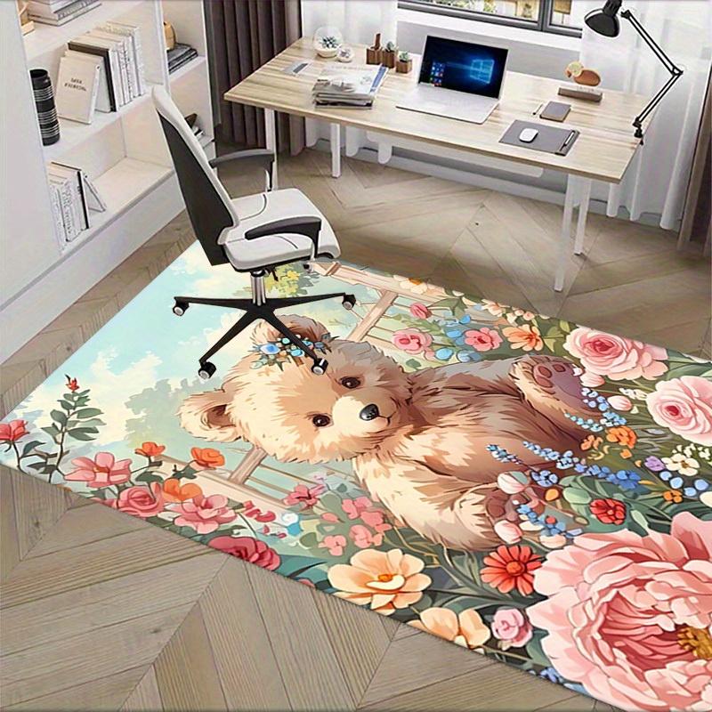 Office Carpet Cute Teddy Bear with Flowers Sofa Rug, Chair Mat Protection