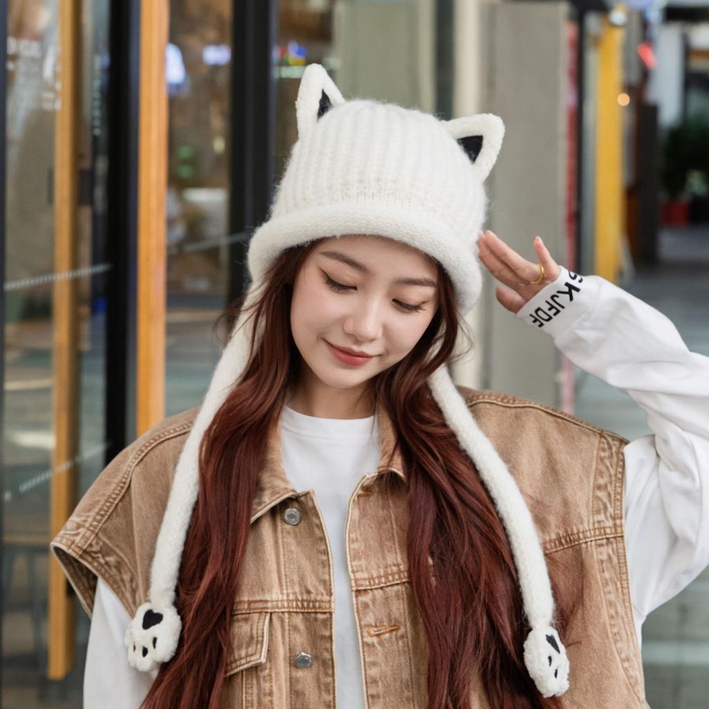 New cat ear knitted wool hat women's autumn and winter cold and warm ear protection hat casual versatile cute cat claw big head circumference