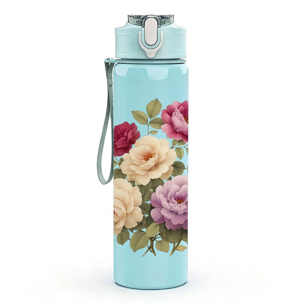 1PC Vintage Rose Floral Bouquet 750ml Color Plastic Sports Water Bottle Leakproof Flip Straw Lid Suitable for Sports Office Home Use