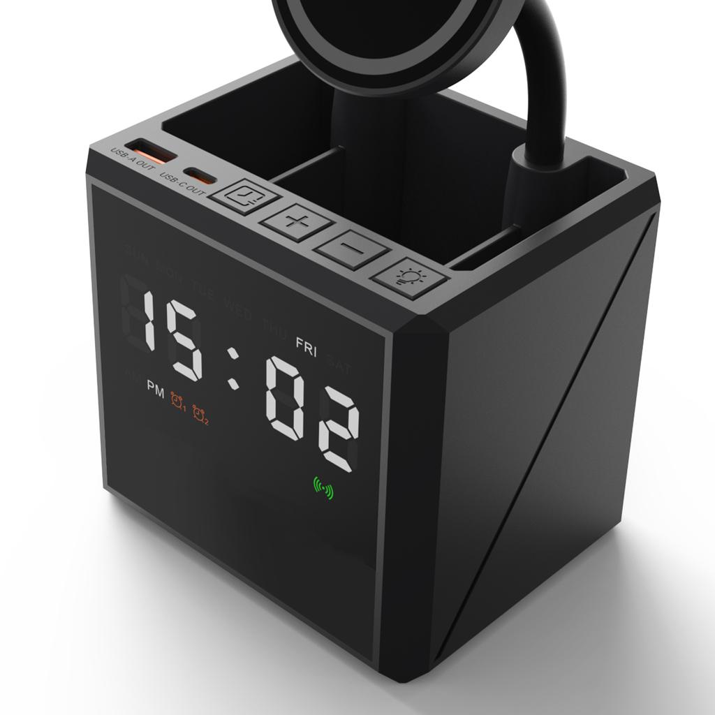 High Quality 15W Fast Wireless Charging Multi-Function Holder with Clock & Lamp for Mobile Phone Watch Earphone-PC/Desktop Use