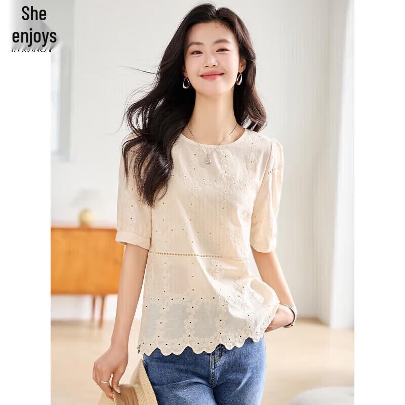 

Women s Embroidered Round Neck Short Sleeve Top M