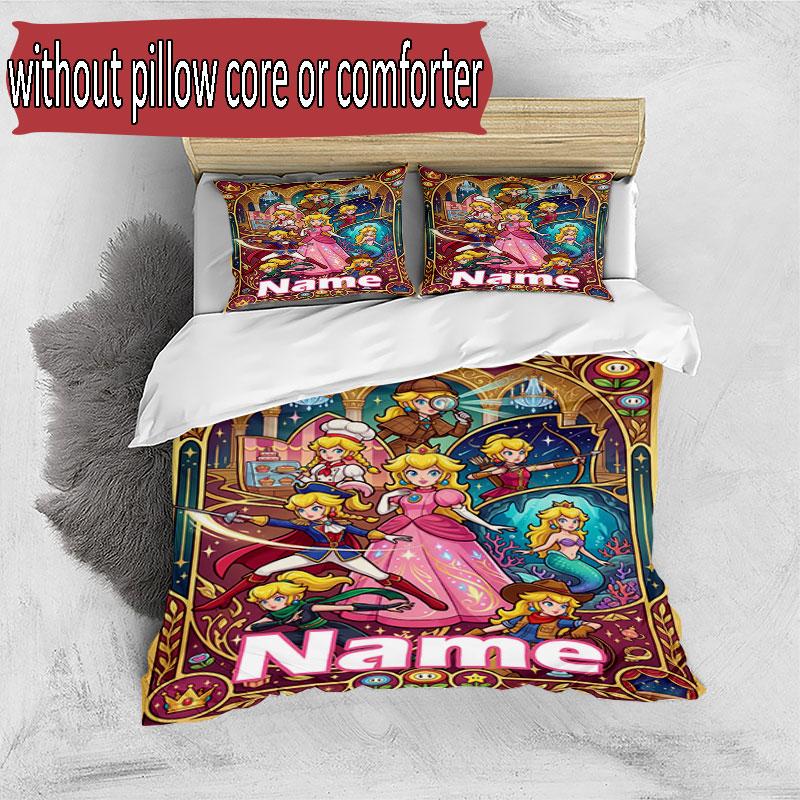 3pcs Duvet Cover Set (1*Duvet Cover + 2*Pillowcase, Without Core), Custom Name Princess Peach Toadstool Pattern Bedding Set, Home Bedroom Decor Gift