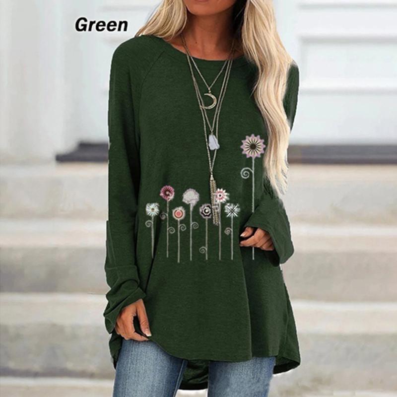 Ladies Flowers Printed Round Neck Long Sleeves Plus Size Cotton Tunic Loose T-Shirt Summer New Casual Fashion Women Clothing
