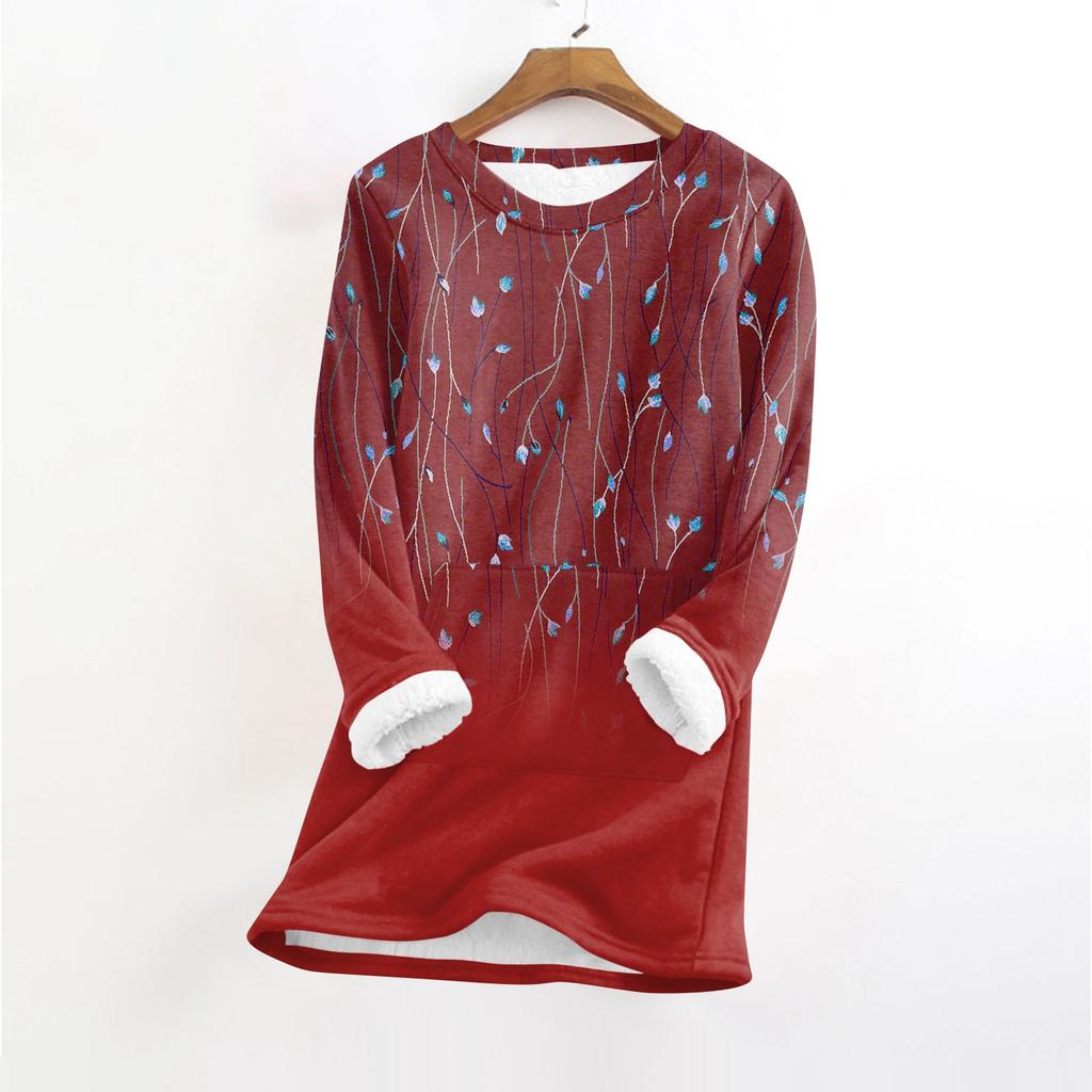 Women's Fashionable Printed Round Neck Long Sleeved Plush Warm Pullover Top