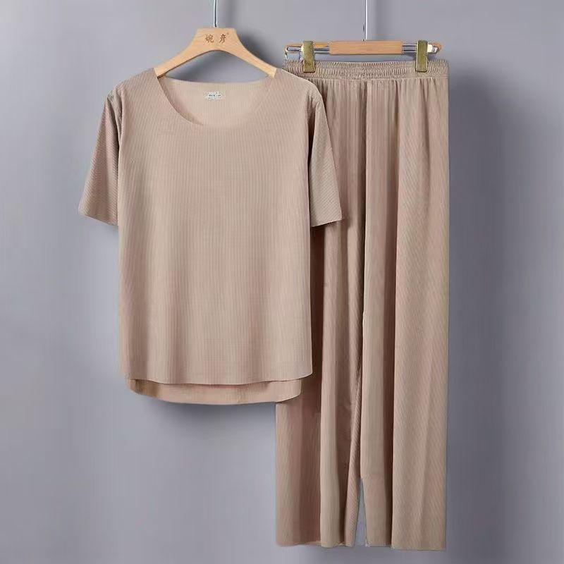 Couple's Ice Silk Pajamas Set: Men's Thin Sleep Pants & Women's Ribbed Short Sleeve Top for Spring/Summer.