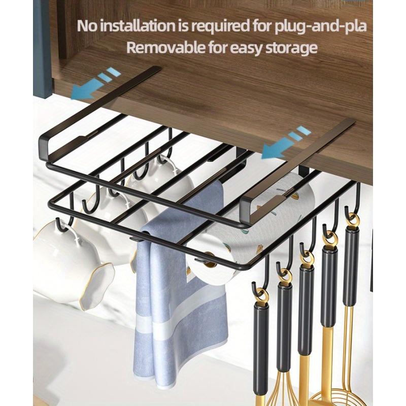 1pc Multifunctional Stainless Steel Kitchen Cabinet Rack with Mug Hook and Paper Towel Holder