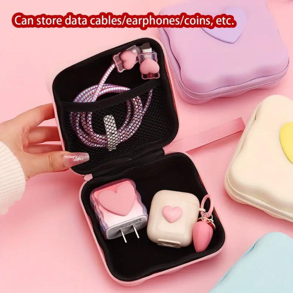 Charger lid storage bag, cute 3D heart-shaped wave design charger protector travel storage box, headphone cable protector cable