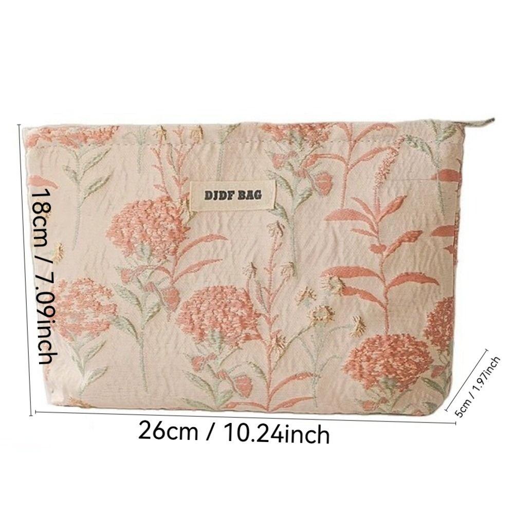 Fashion Large Capacity Makeup Bag Cream Color Zipper Cosmetic Bag Floral Embroidered Toiletries Skincare Storage Bag Women