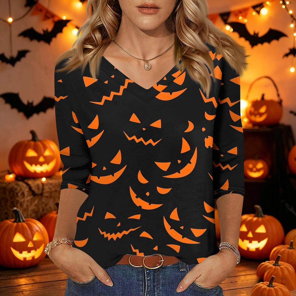 Damen Freizeit V-Ausschnitt Oberteil Halloween-Print Dreiviertelärm Leicht Bluse Lockerer Schnitt Pulloverhemd für die Herbstsaison