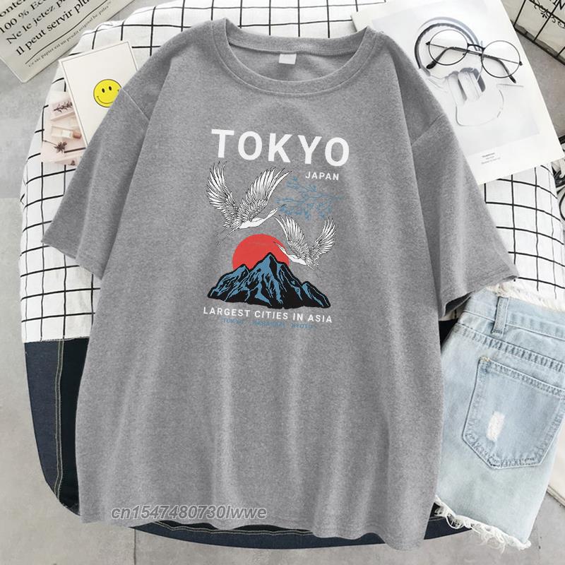 Tokyo Crane Japan Harajuku Print Unisexs Tshirt Hip Hop Loose Tshirts Crewneck Tshirt 100 Cotton Oversize Clothing Unisex