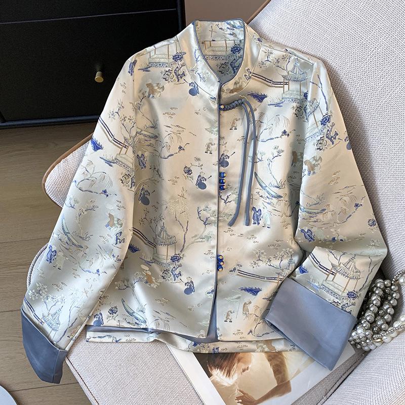 

Женский кардиган в стиле ханьфу, вышитый жаккардовый, со стойкой и застежками-лягушками L озеро синий