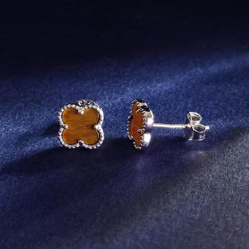 7MM Vierblättriges Kleeblatt Tigeraugen Ohrring 925 Sterling Silber Braun Platin Ohrringe