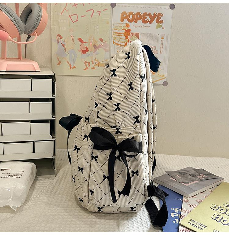 Women's Large Capacity Corduroy Backpack - Stylish, Lightweight, Casual School Bag with Bow for Junior High Students