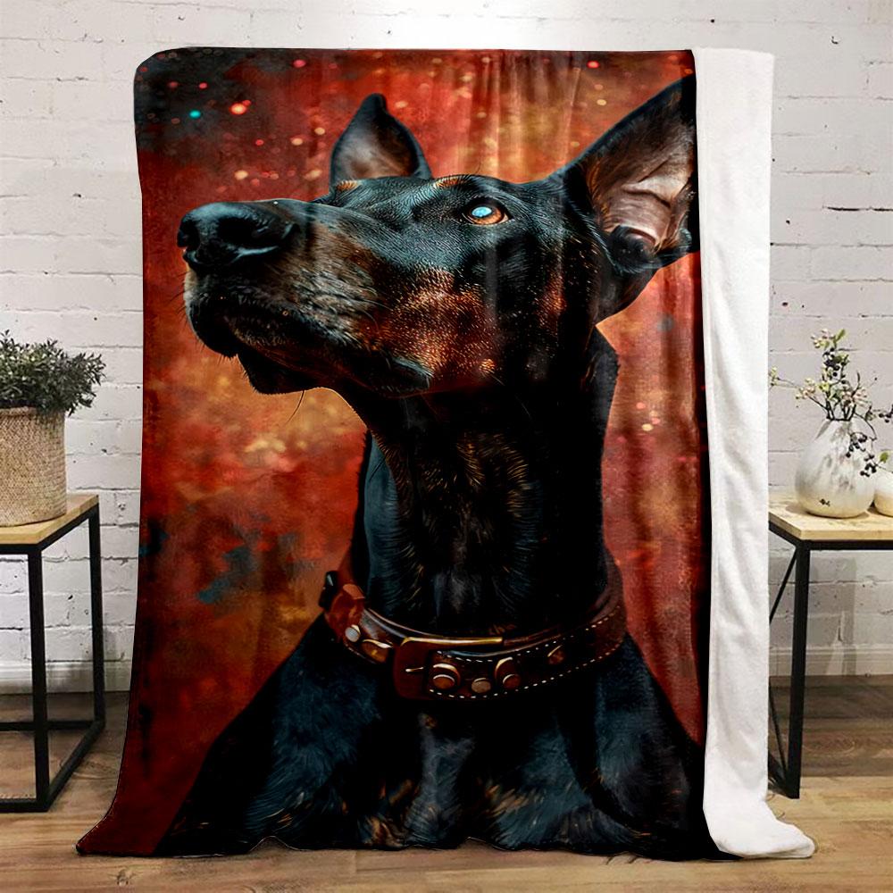 A black Doberman with a studded collar against a fiery, glowing backdrop. for all seasons blanket lunch break throw gift