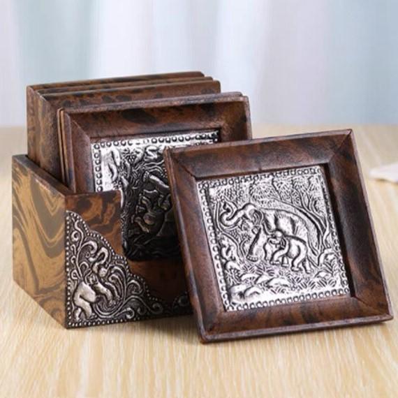 Wood Drink Coasters Elephant Nickel Storage Box Brown Tea Saucers Small Plates Tea Trays Cup Souvenirs Present Gift Handicraft Handmade Kitchenware