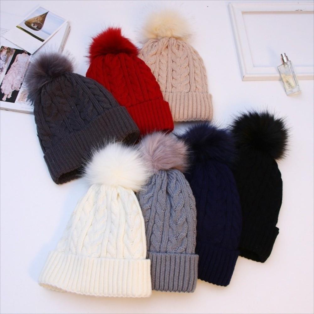 Korean Style Pompom Thick Plush Cap Warm Winter Bonnet Trendy Winter Twist Knitting Hat  Ladies