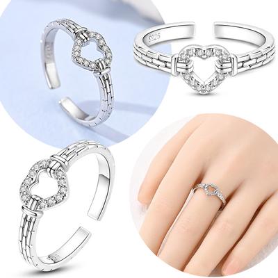 925 Sterling Silver Adjustable Size Rings Twisted Chain Zircon Heart Open Rings For Women Jewelry Gift