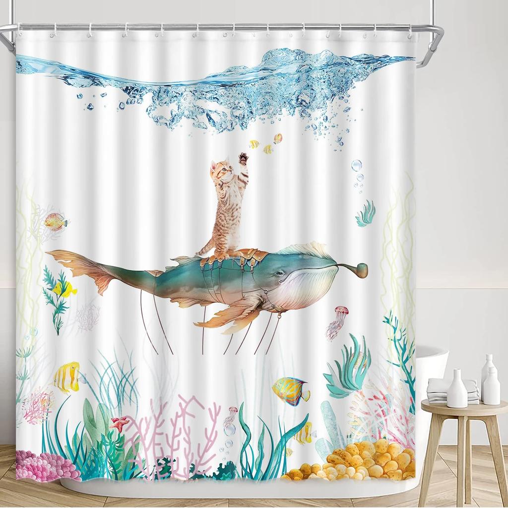 Funny Cat Shower Curtain, Colourful Galaxy Funny Riding Shark In Ocean, Beach Cartoon Turtle Coral Laser Bathroom Decoration