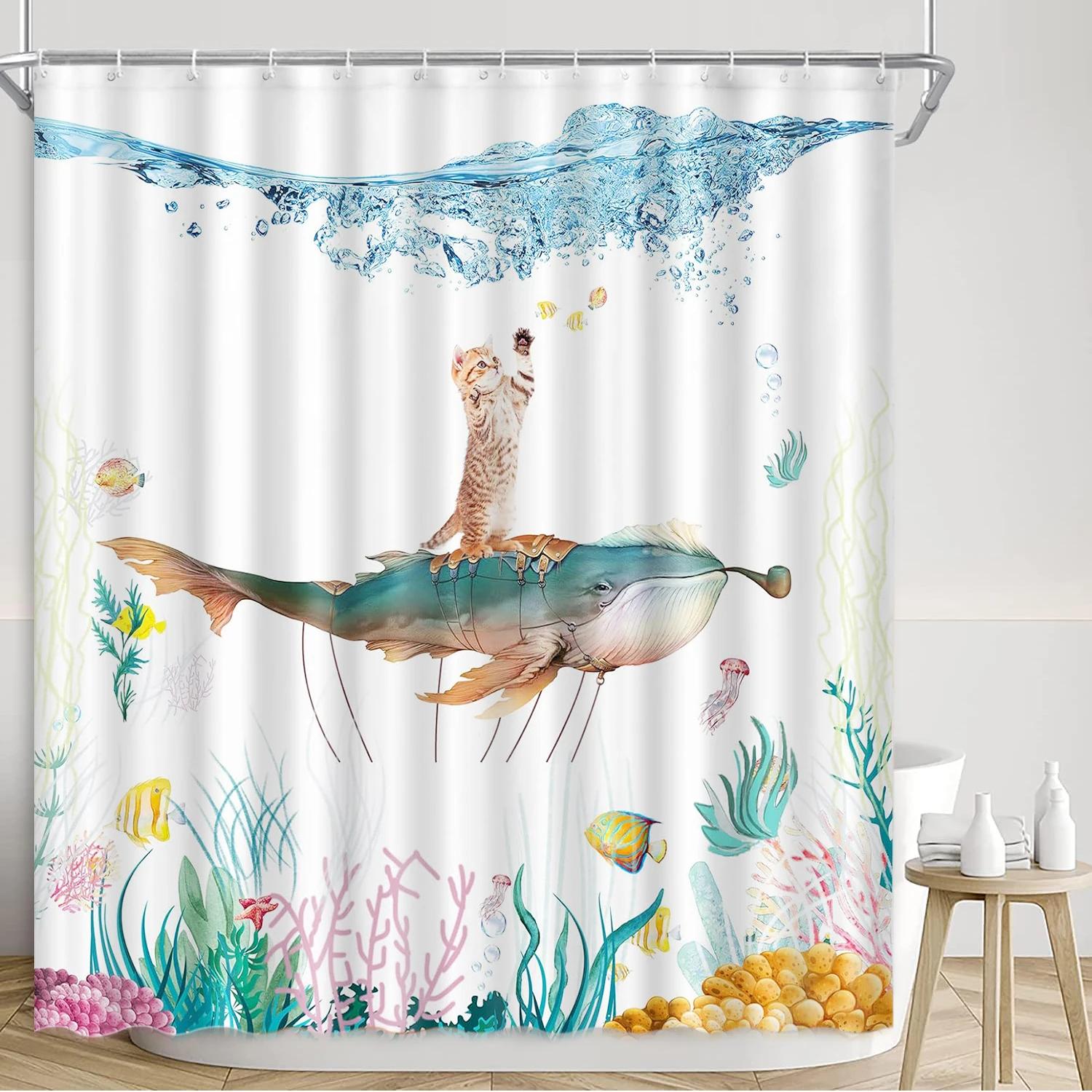 

Забавная шторка для душа с кошкой, красочная галактика, забавная акула, катающаяся в океане, пляжная мультяшная черепаха, коралловая лазерная декорация для ванной 120x180cm-47x70in