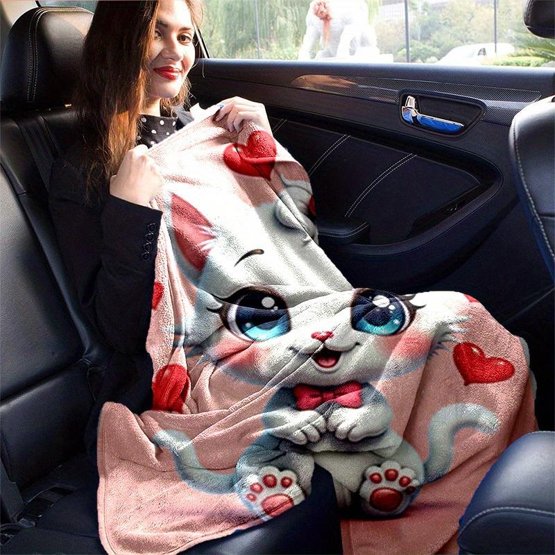 1pc Cute Cartoon Cat with Bowknot Heart-Shaped Decorative Throw Blanket for Home Decoration, Birthday Gift, All Seasons Use, Cartoon Blanket