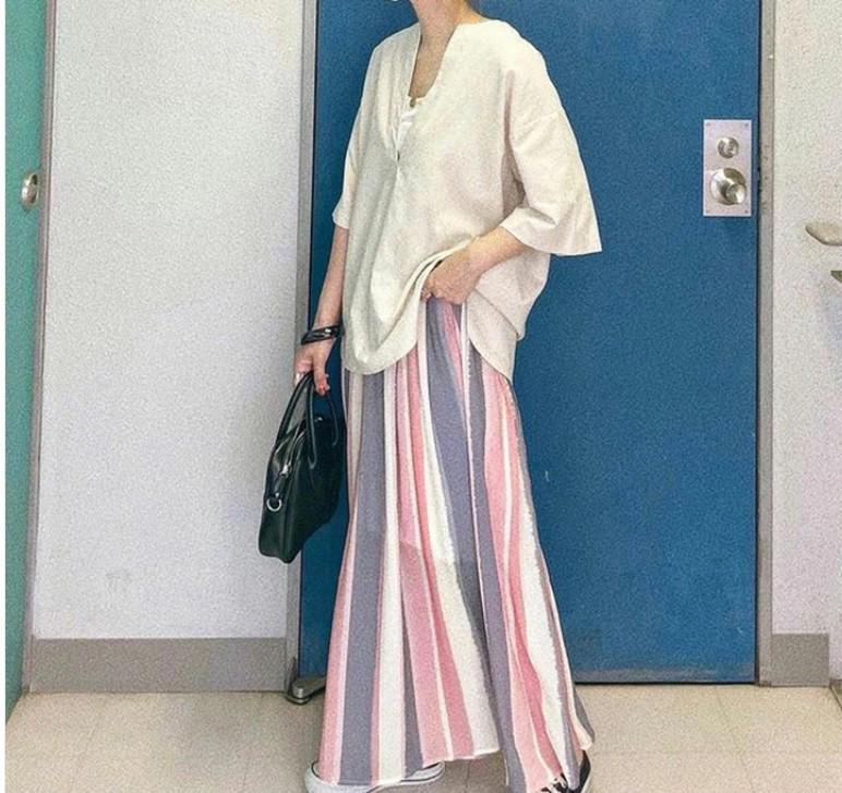 Summer 2023 Japanese Striped A-Line Long Skirt