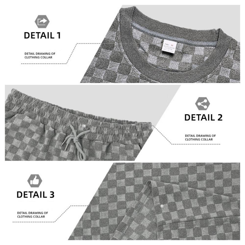 Men's Sports Suit Summer New Korean High Street Jacquard Plaid T-shirt Shorts Two-piece Set Male Casual Retro Loose O-neck Top
