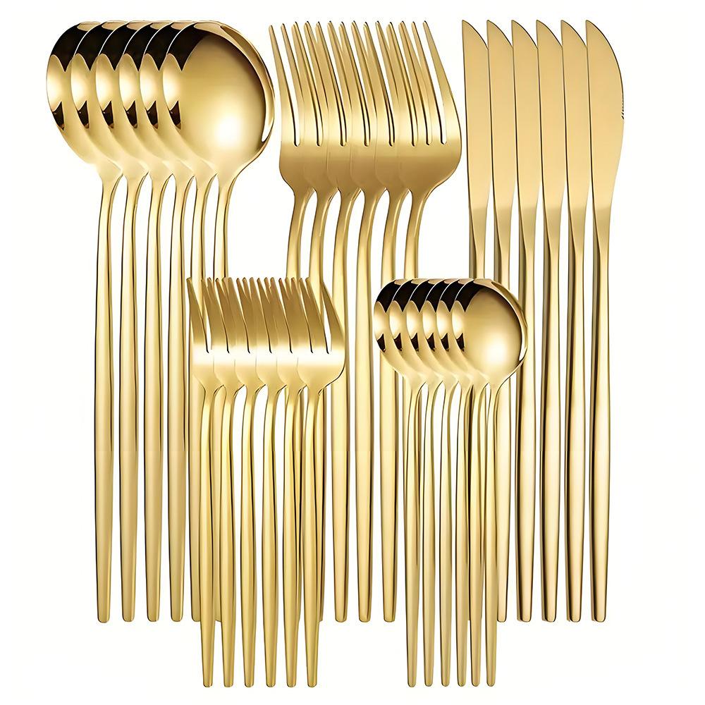 30Pcs Cutlery Set Stainless Steel Knife Fork Tea Spoon Dinnerware Set Western Golden Flatware Mirror Polishing Silverware Set