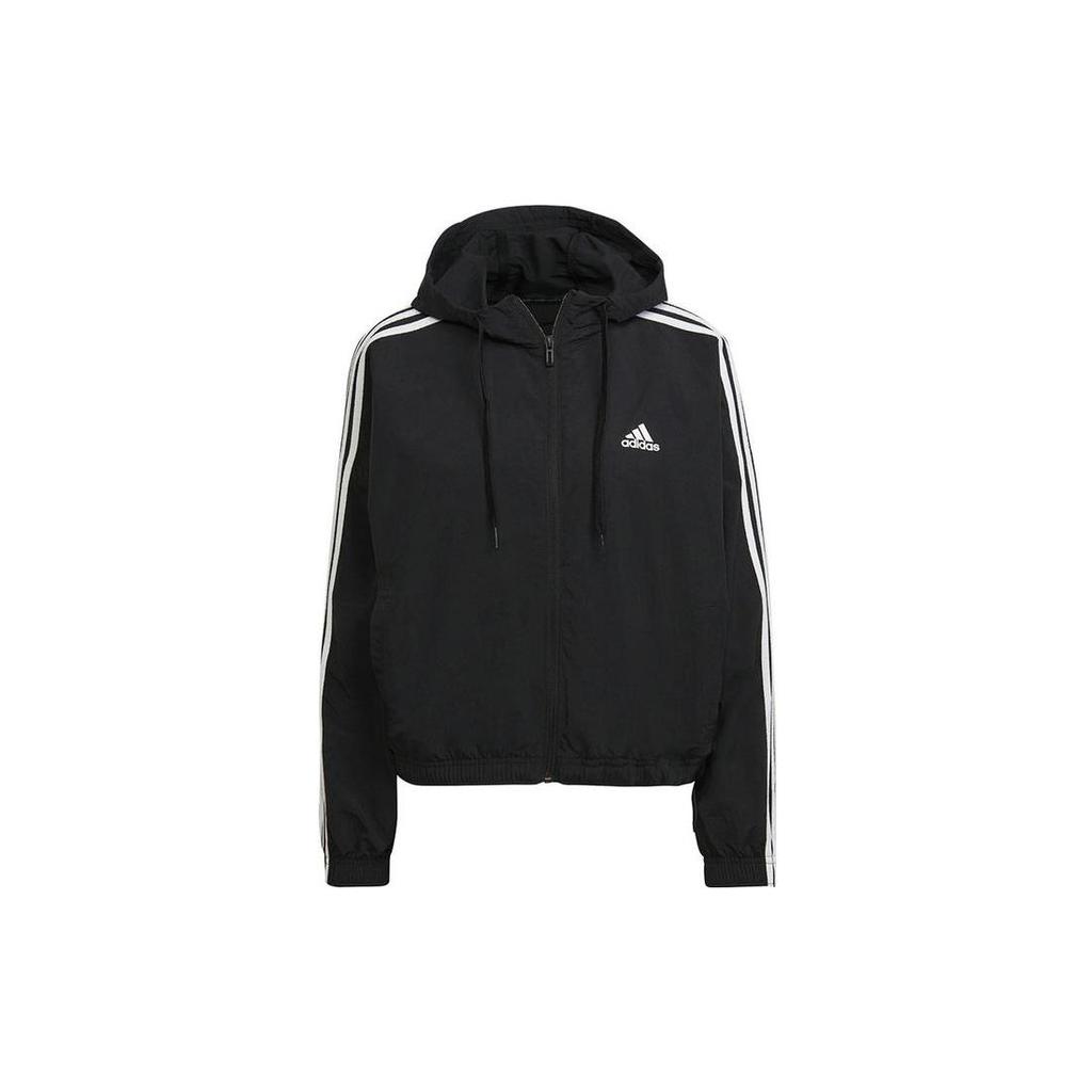 Adidas Striped Logo Hooded Woven Jacket Women Jackets Black HC9160