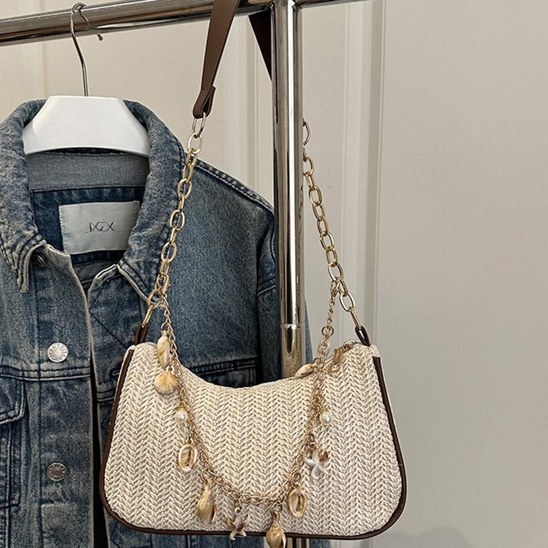 Yogodlns Summer New Women Simple Shoulder Bag Fashion Straw Fashionable Versatile Crossbody Bag Lightweight Casual Commuting Bag