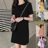 Women Dress Solid Color Simple Summer O Neck Short Sleeve Skirt for Dating