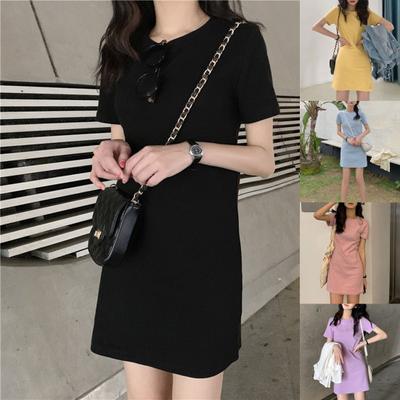 Women Dress Solid Color Simple Summer O Neck Short Sleeve Skirt for Dating