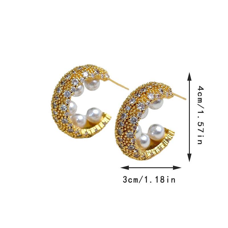 French micro-inlaid zircon row diamond silver needle C-shaped stud earrings women's light luxury niche high-end temperament pearl ear jewelry