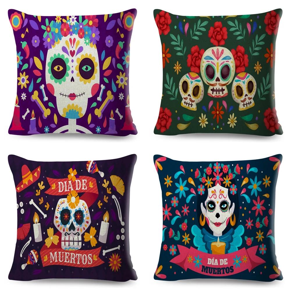 Day Of The Dead Pillowcase Decor Cartoon Mexico Flower Skull Print Cushion Cover for Sofa Home Polyester Pillow Case 45x45cm