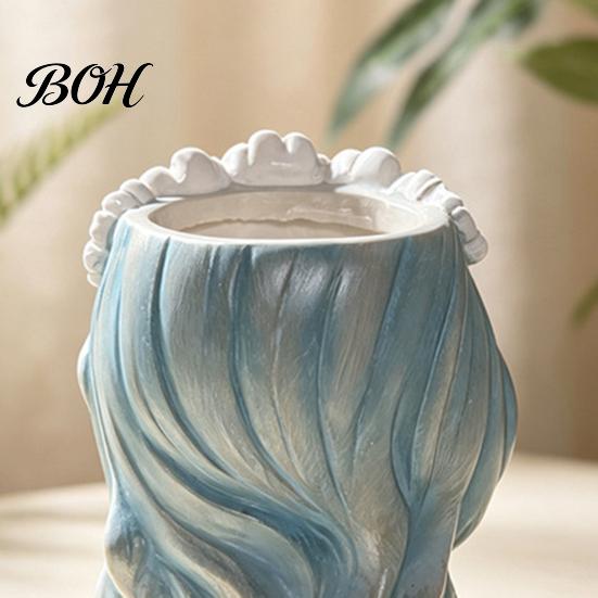 Cute Girl Planter for Indoor Plants Planter, Blue Hair Garland Head Decorative Plant Pot Bedroom Resin Succulents Cacti Creative Flower Container