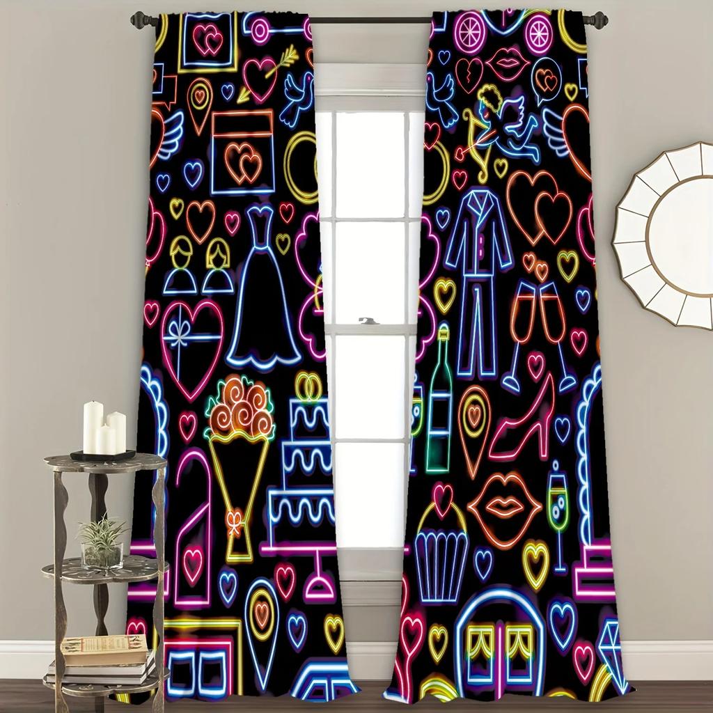 Colorful Heart Lip Printing Curtain Rod Pocket Window Treatment for Bedroom Office Kitchen Living Room Study Home Decor 2pcs